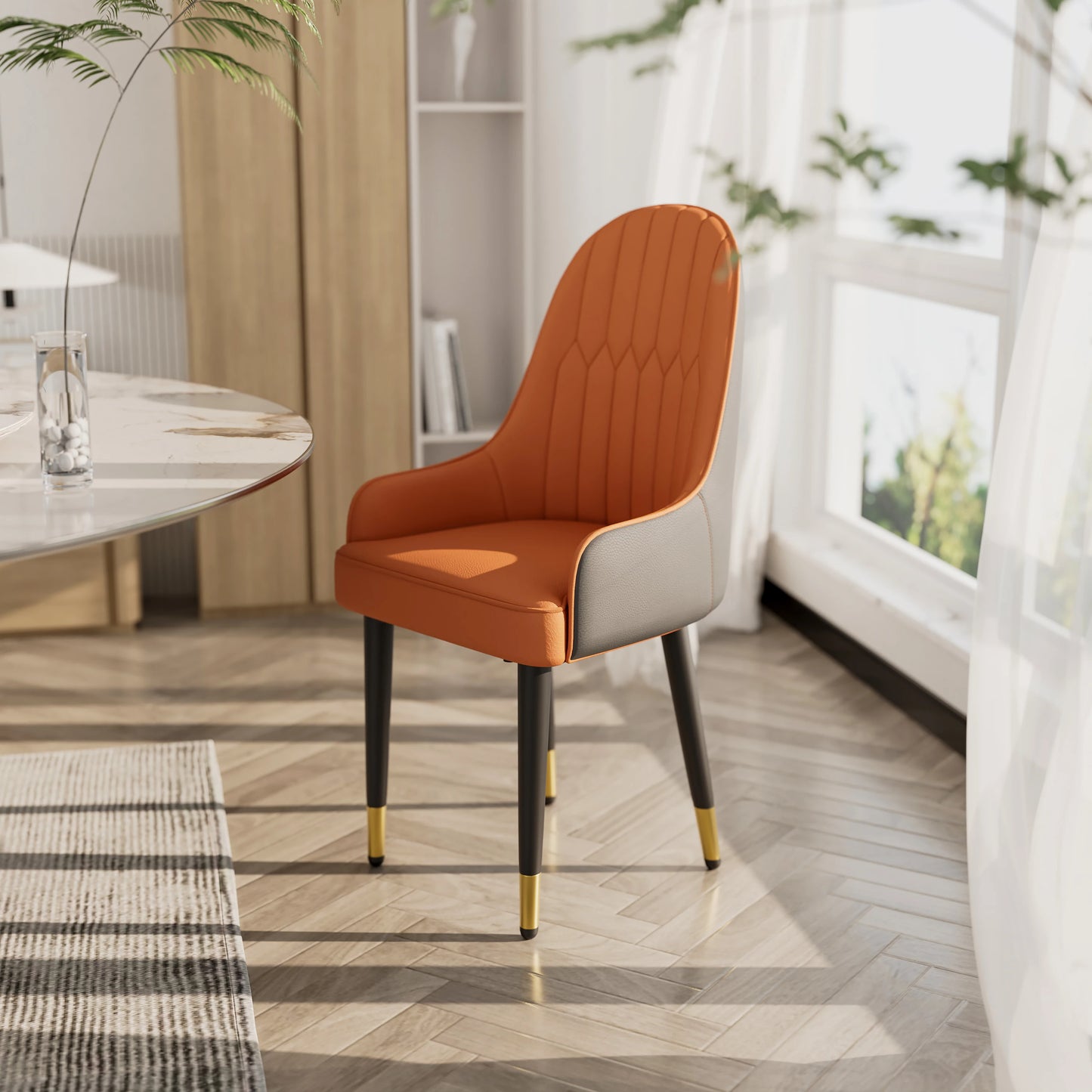 Set van 2 Eetkamerstoelen - Faux Lederen - Hoge Rugleuning - Moderne - Mid-century Ontwerp - Houten Poten - 52x49x90cm - Oranje