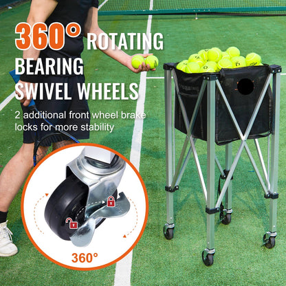 Opvouwbare Tennisbalwagen - Tennisbalkar - Ballenwagen - Ballenkar - met Wielen - en Remmen - 150 Capaciteit - Aluminium Frame - QUORE