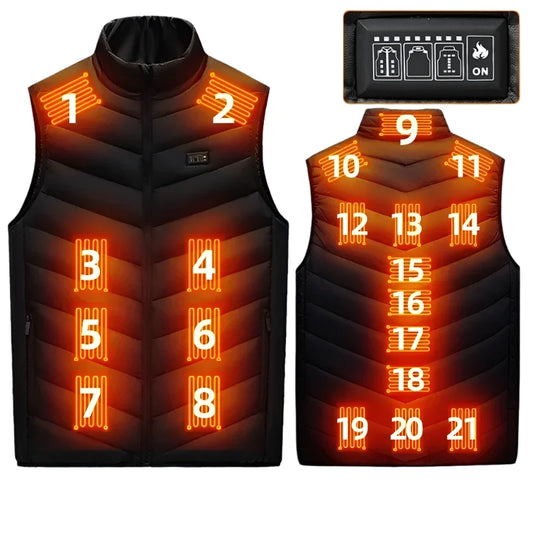 Verwarmingsjas - Verwarmde Bodywarmer - Verwarmde Kleding - USB Elektrisch Zelfverwarmend Vest - Unisex Verwarmde Jas - Elektrische Verwarmde Jas - 21 Gebieden Verwarmd - Maat L - Zwart