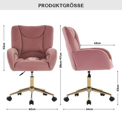 Bureaustoel – Velvet Stoel – Thuiswerkstoel – Kantoorstoel – Roze Bekleding – Gouden Metalen Poten – Ergonomische Rugleuning