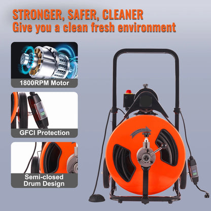 Afvoerreinigingsmachine – Rioolontstopper – Drain Cleaner – Leidingsreiniger – Verstoptingsverwijderaar – 30 Meter Stalen Kabel – Automatische Kabelinvoer