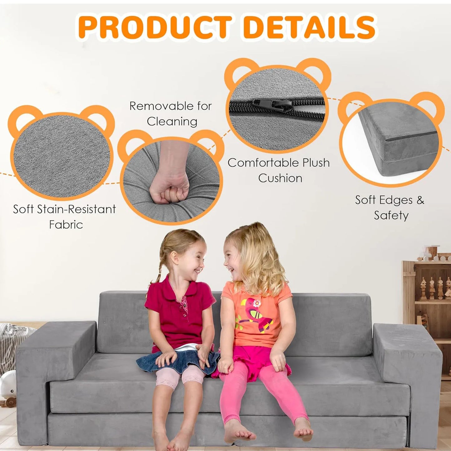 Modular Sofa Set 8-Piece with 3 Shapes, Grey - Soft Washable Cushions for Playroom, Bedroom