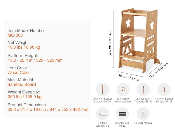 Learning Tower - Children Learning Tower - Children Step Stool - Learning Tower Kitchen Aid - Step Stool Bamboo - Height 3 levels - Adjustable - with safety rail - Kitchen Counter Bathroom