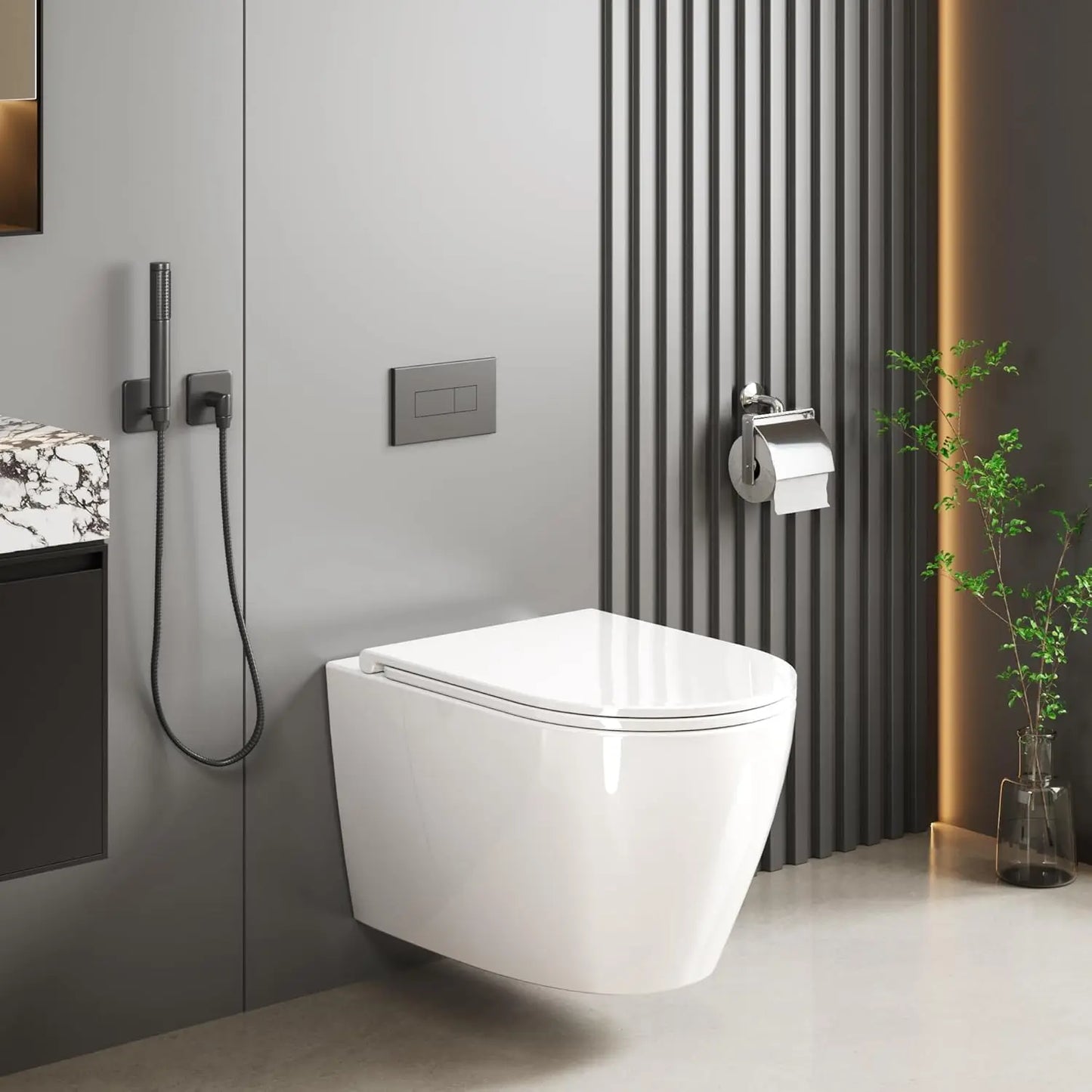 Wandtoilet – Hangend Toilet – Randloos Toilet – Toilet Zonder Rand – Keramisch Toilet – Ultra-Dunne Deksel – Soft-Close Sluiting – Waterbesparende Spoeling - QUORE