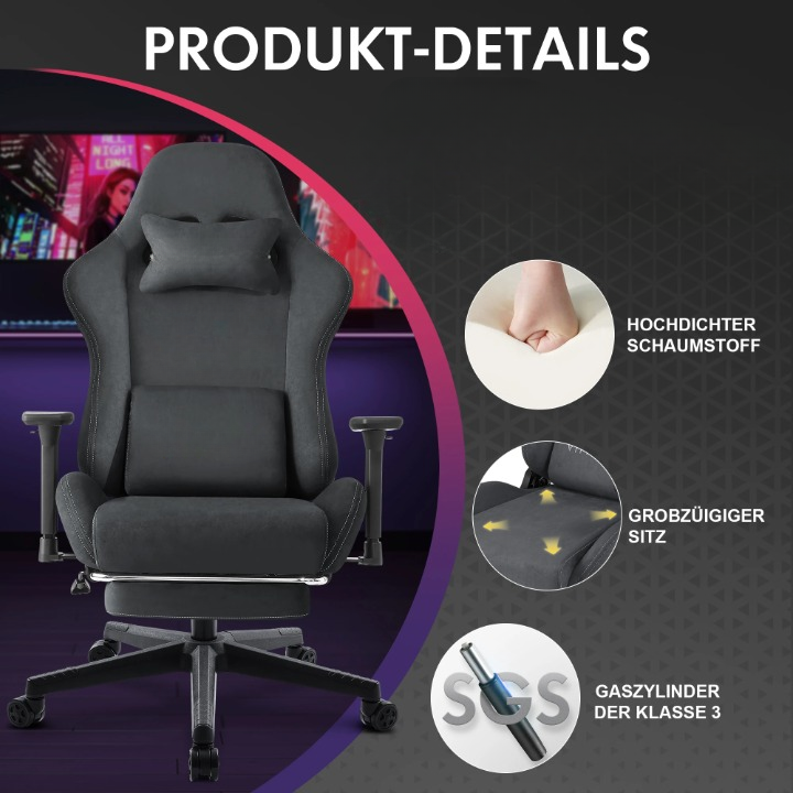 Gaming Stoel - Bureaustoel - Swivel Stoel - met Voetsteun - Verstelbare - Rugleuning - Lendenkussen - Ergonomische - Draaibare - 89 x 59 x 32.5 cm - Grijs