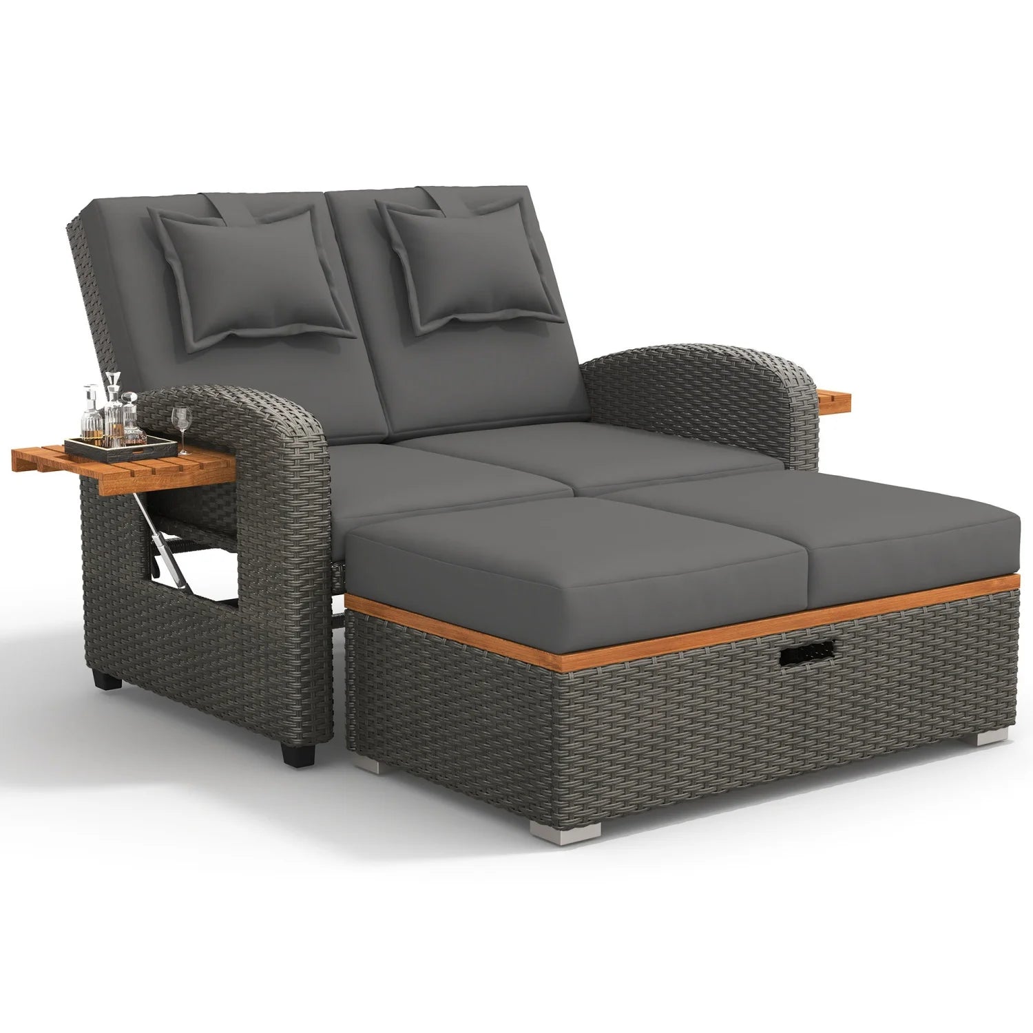 Tuinset – Buitenmeubel – Loungeset – Relaxstoel – Verstelbare Rugleuning – Weerbestendig Rattan – Opbergruimte Voetensteun - QUORE