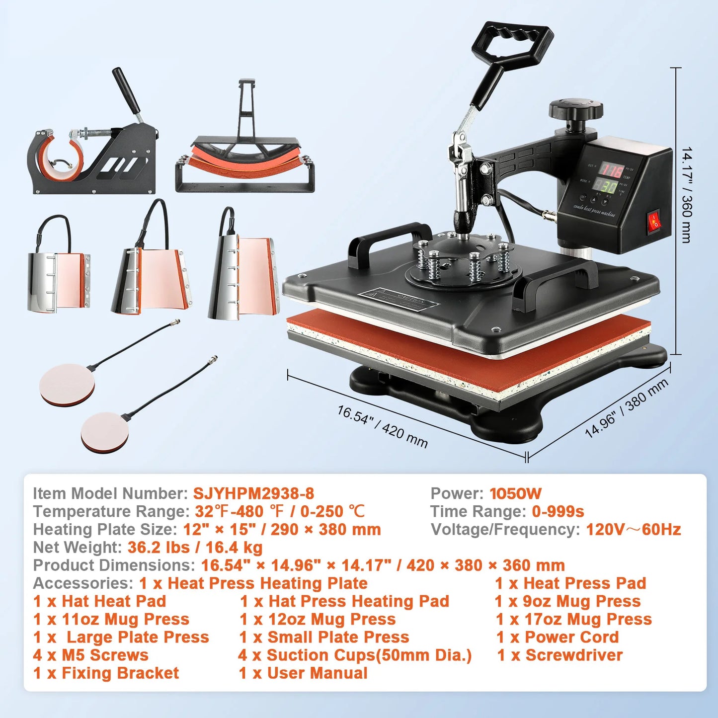 SucceBuy 5 6 8 in 1 Heat Press Machine T shirt Heat Transfer Printer Muntifunctional Sublimation Mug/Latte Mug/Hat/Plate/Bottle