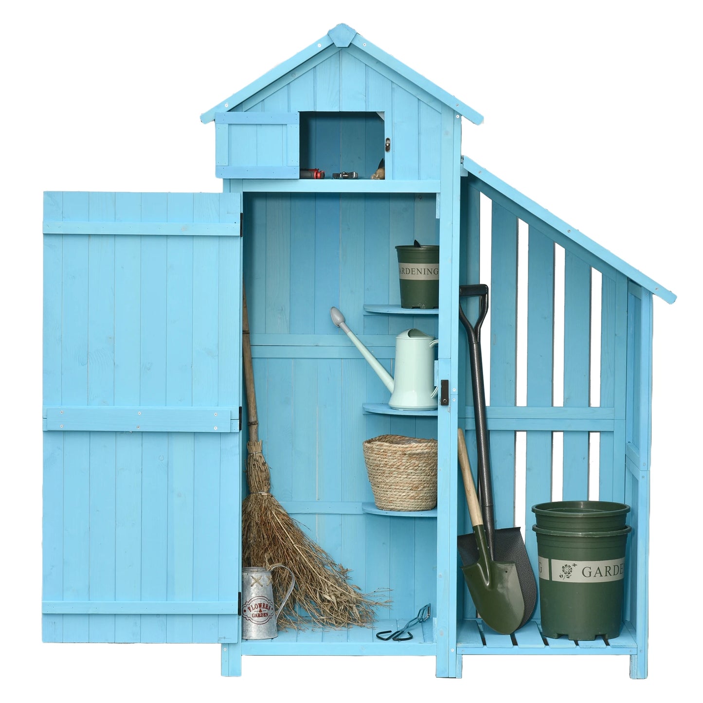Tuinkast – Tuinberging – Tuinopslag – Tuinschuur – Tuinbox – Vurenhout – Waterafstotend Schuin Dak – Compact 130x54,5x180 cm - Hemelsblauw