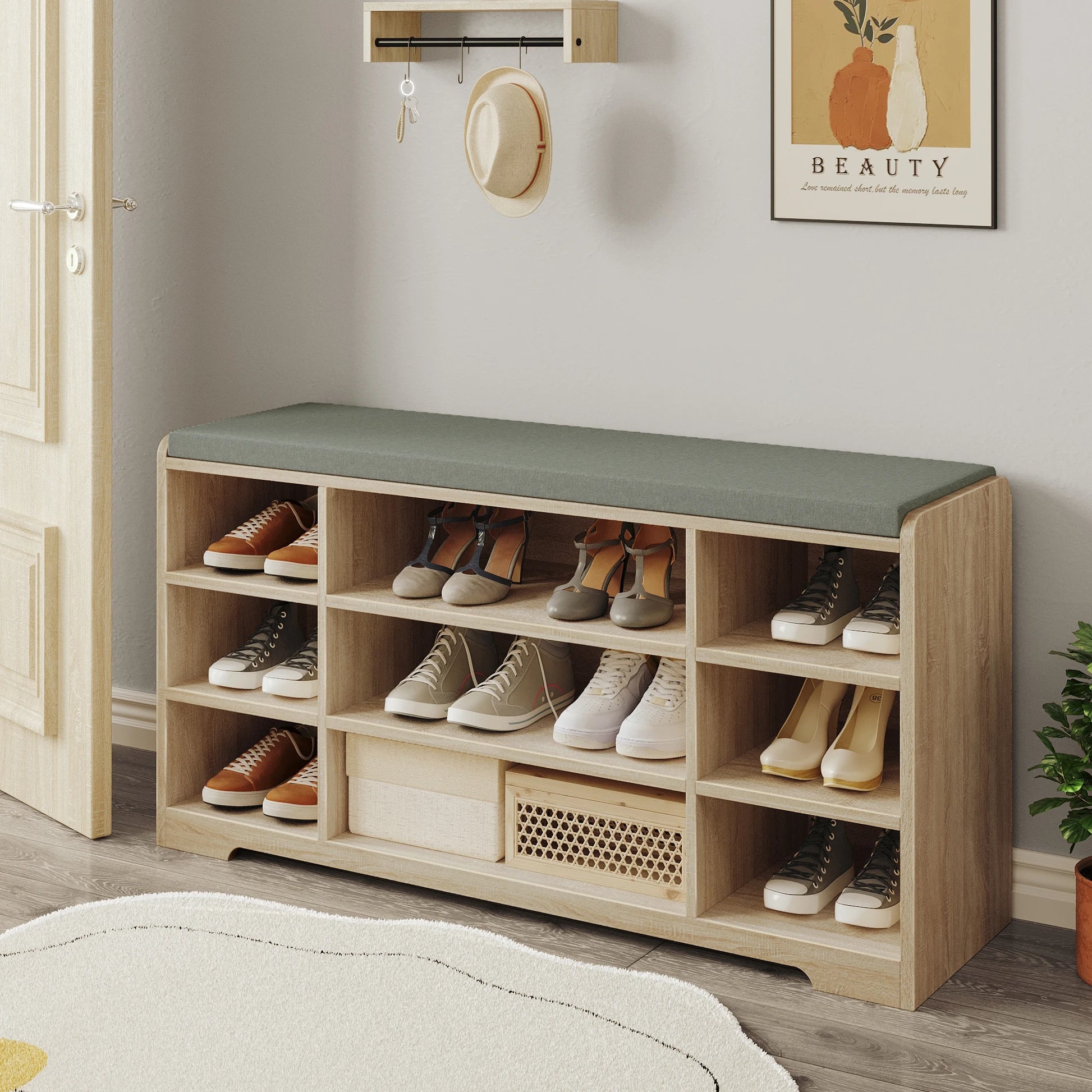 Schoenenbank met Zitvlak en Opbergkussen - Vintage Brown Schoenenrek - 9 Vakken - Verstelbare Planken - Minimalistisch Modern Meubel voor Woonkamer - 30 x 103 x 52,7 cm - QUORE