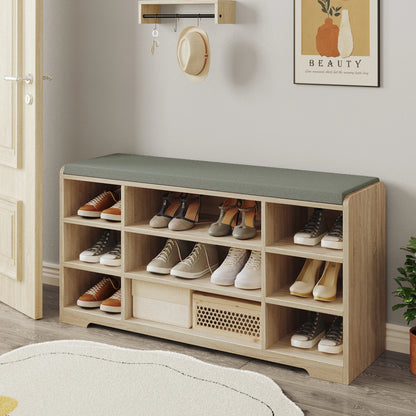 Schoenenbank - met Zitvlak en Opbergkussen - Schoenenrek met 9 Vakken - Verstelbare Planken - Minimalistisch Design - Opbergbank voor Woonkamer - Wit/Grijs - 30 x 103 x 52,7 cm - QUORE