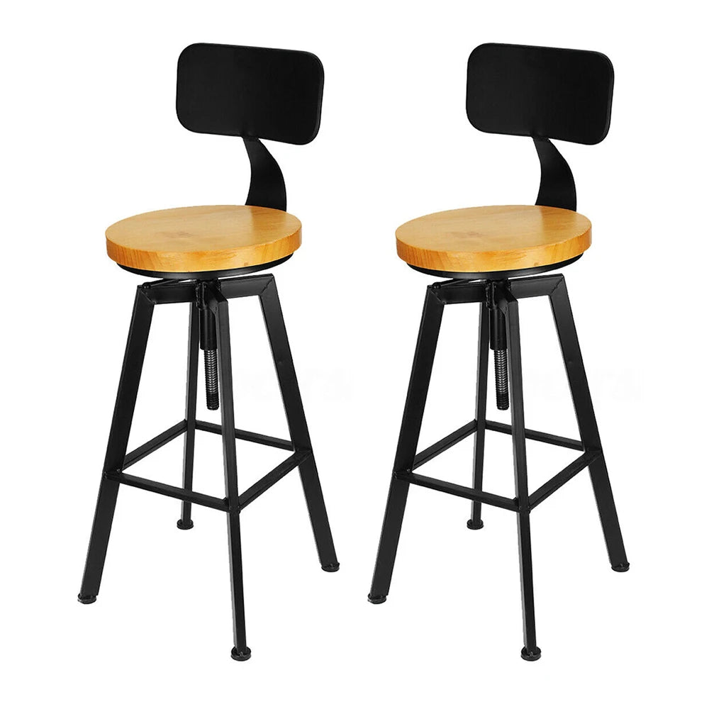 Barkruk - Barkruk Industrieel – Houten Barkruk – Barkrukken Set van 2 – Barkruk met Rugleuning - Bar Stool – Houten Zitvlak - Barkrukken met Voetensteun - Stoel 64-84Cm - Zwart