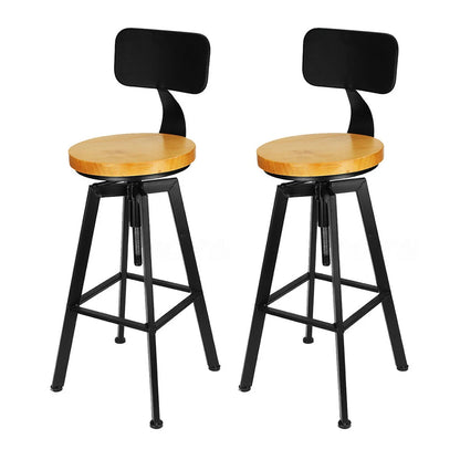 Barkruk - Barkruk Industrieel – Houten Barkruk – Barkrukken Set van 2 – Barkruk met Rugleuning - Bar Stool – Houten Zitvlak - Barkrukken met Voetensteun - Stoel 64-84Cm - Zwart