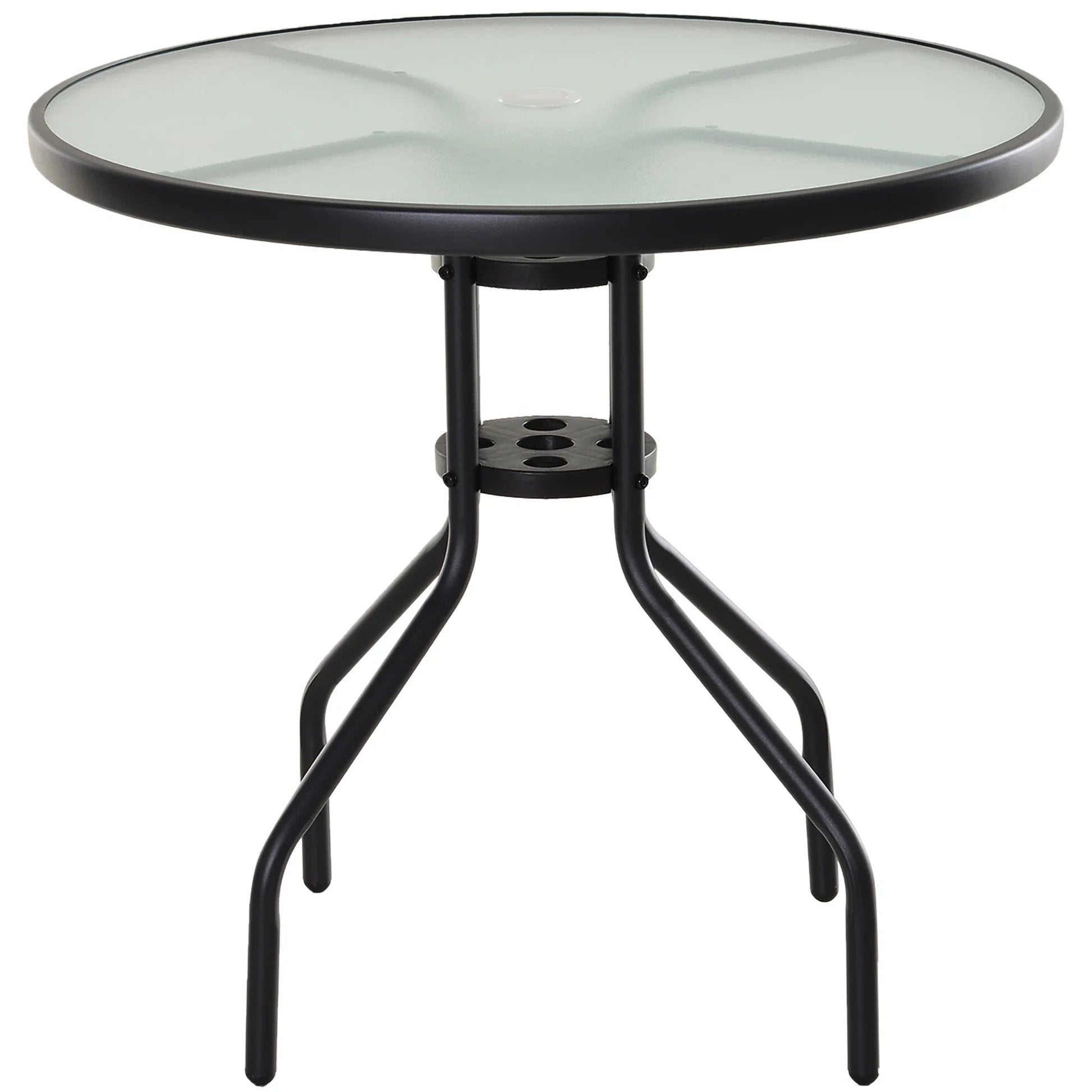 Tuintafel - Tuintafel Rond - Bijzettafeltje - Metaalenbijzettafel - Bistrotafel - Salontafel - met Gat voor Paraplu - voor Terras - Tuin - Ø80 x 72 cm - Zwart - QUORE