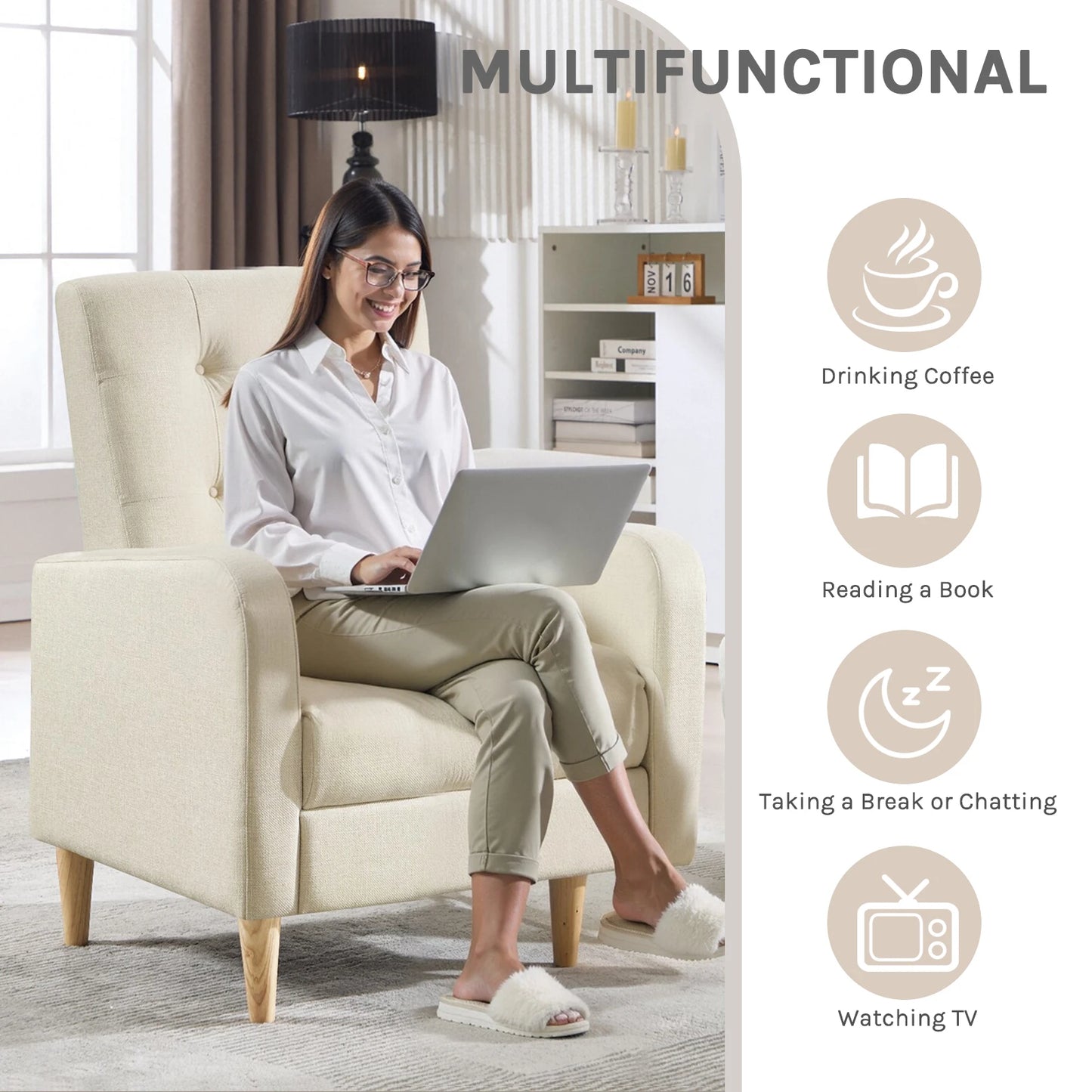 Lounge stoel – Fauteuil – Relaxstoel – Zetel – Leunstoel – Modern ontwerp – Linnen bekleding – Massief houten poten – Comfortabele zithoogte 43 cm – Compact formaat 68x90,5x73,5 cm