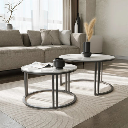 Ronde Salontafel Set – Woonkamer Tafel – Nesting Tafels – Bijzettafels – Koffietafels – Aluminium Frame – Gesinterd Steenblad Jadewit – Ruimtebesparend Design