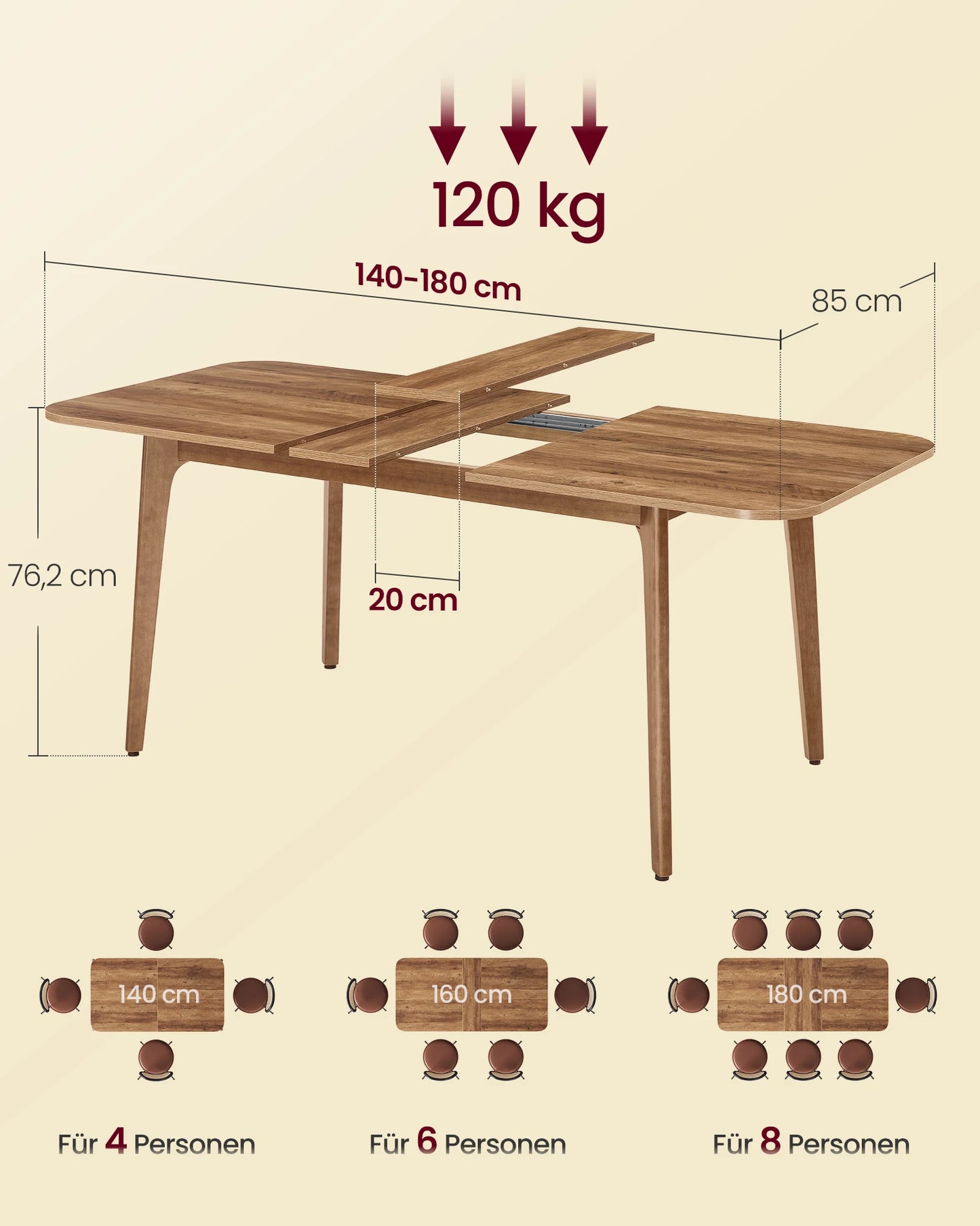 Uitschuifbare Eettafel – Uitklapbare Tafel – Schuiftafel – Eetkamertafel – Houtlook – Verstelbaar 140-180 Cm – Hittebestendig Tot 140 °C - Honingbruin