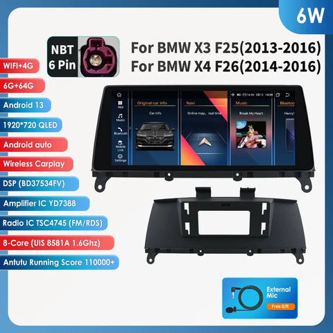 CarPlay - Multimedia Autoradio - Car CarPlay Scherm - Autoradio - Android Automultimedia - 4G - 10,33" - voor BMW X3 F25 CIC NBT voor BMW X4 F26 NBT - GPS - 2 Din - Stereo DSP - (6W) 6G-64G NBT
