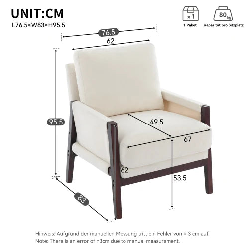 Relaxstoel – Loungestoel – Fauteuil – Leesstoel – Relaxfauteuil – Zitstoel – Chenillestof Bekleding – Massief Houten Frame - 76.5 x 83 x 95.5 cm - Wit