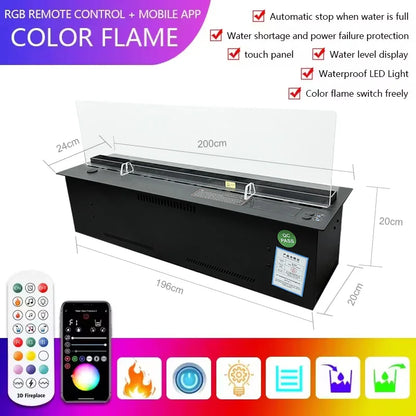 holografische open haard – 3D waterdamp haard – ultrasone mist haard – sfeervolle inbouwhaard – kleurrijke led vlammen – automatische wateraanvulling – 2000 mm roestvrij staal – brandvrij veilig design