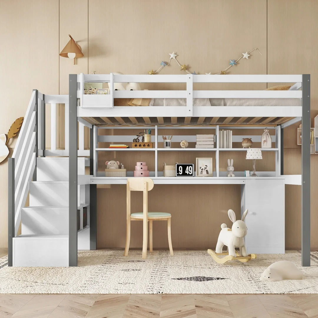 Hoogslaper – Metalen Bed – Eenpersoonsbed – Mezzanine – Kinderbed – 140x200 cm – Integraal Bureau & Opbergruimte – USB Oplaadstation met LED Verlichting