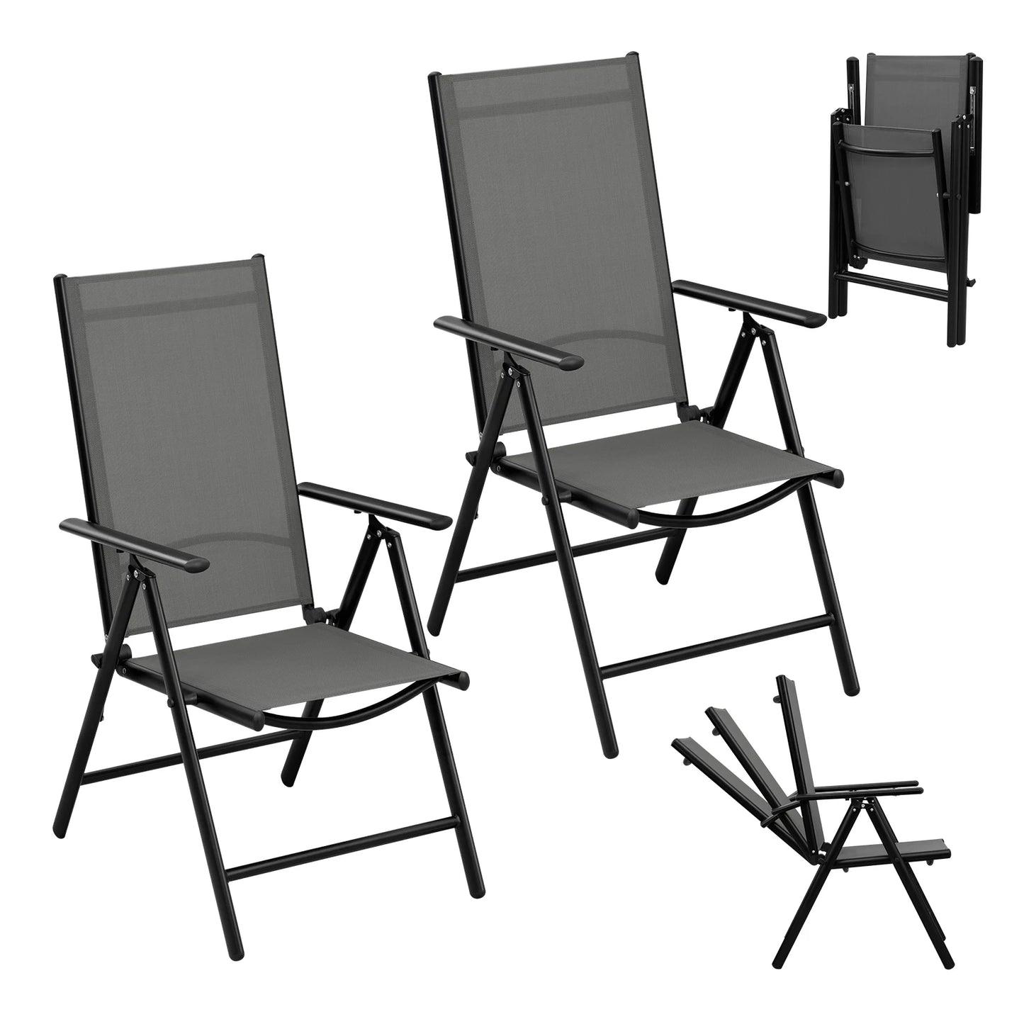 Opvouwbare Tuinstoelen Set van 4 – Inklapbare Stoelen met 7 Standen – Verstelbare Buitenkstoelen – Zwart – 150 kg Draagvermogen – 48x67x84 cm - QUORE