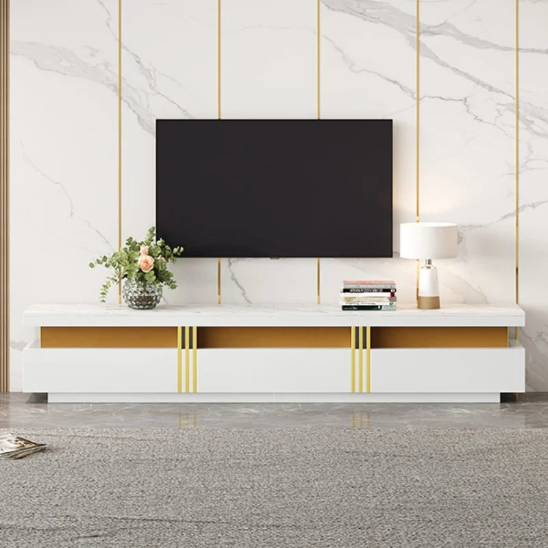Tv-meubel – Tv-kast – Tv-meubel met laden – Tv-dressoir – Tv-board – Wit – Marmerlook – 200 x 40 x 42 cm – Drie lades – Kabelmanagement - QUORE
