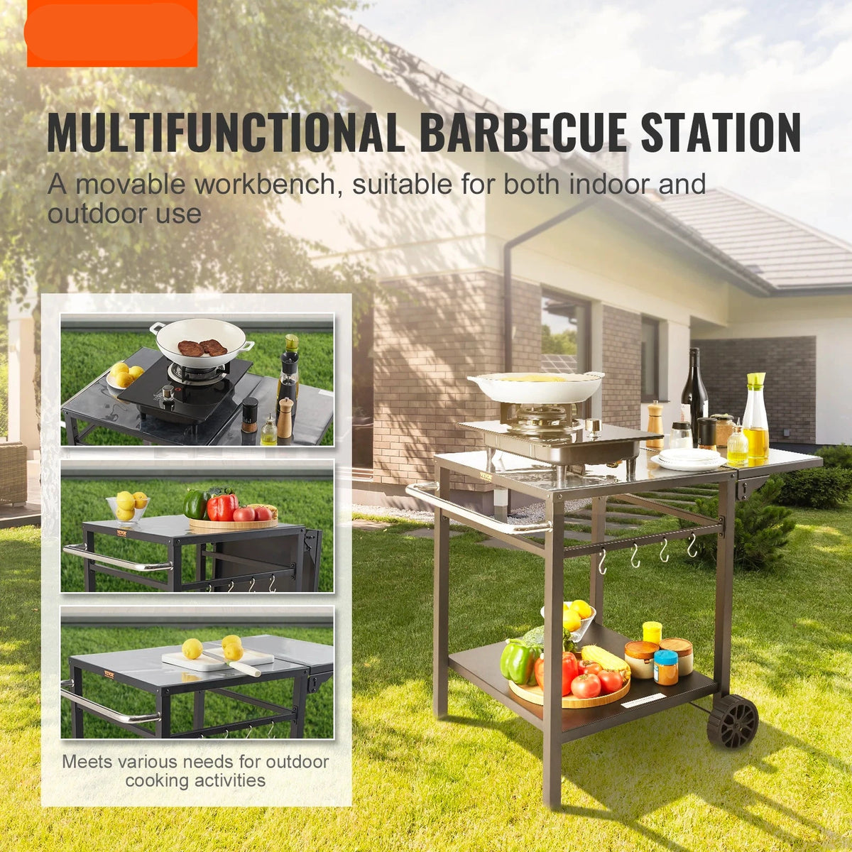 Eettafel met dubbele plank - BBQ verplaatsbare voedselbereidingstafel - opvouwbaar - pizza-ovenstandaard - tafelblad van ijzer/roestvrij staal - 56X56cm - QUORE