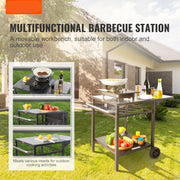 Eettafel met dubbele plank - BBQ verplaatsbare voedselbereidingstafel - opvouwbaar - pizza-ovenstandaard - tafelblad van ijzer/roestvrij staal - 56X56cm