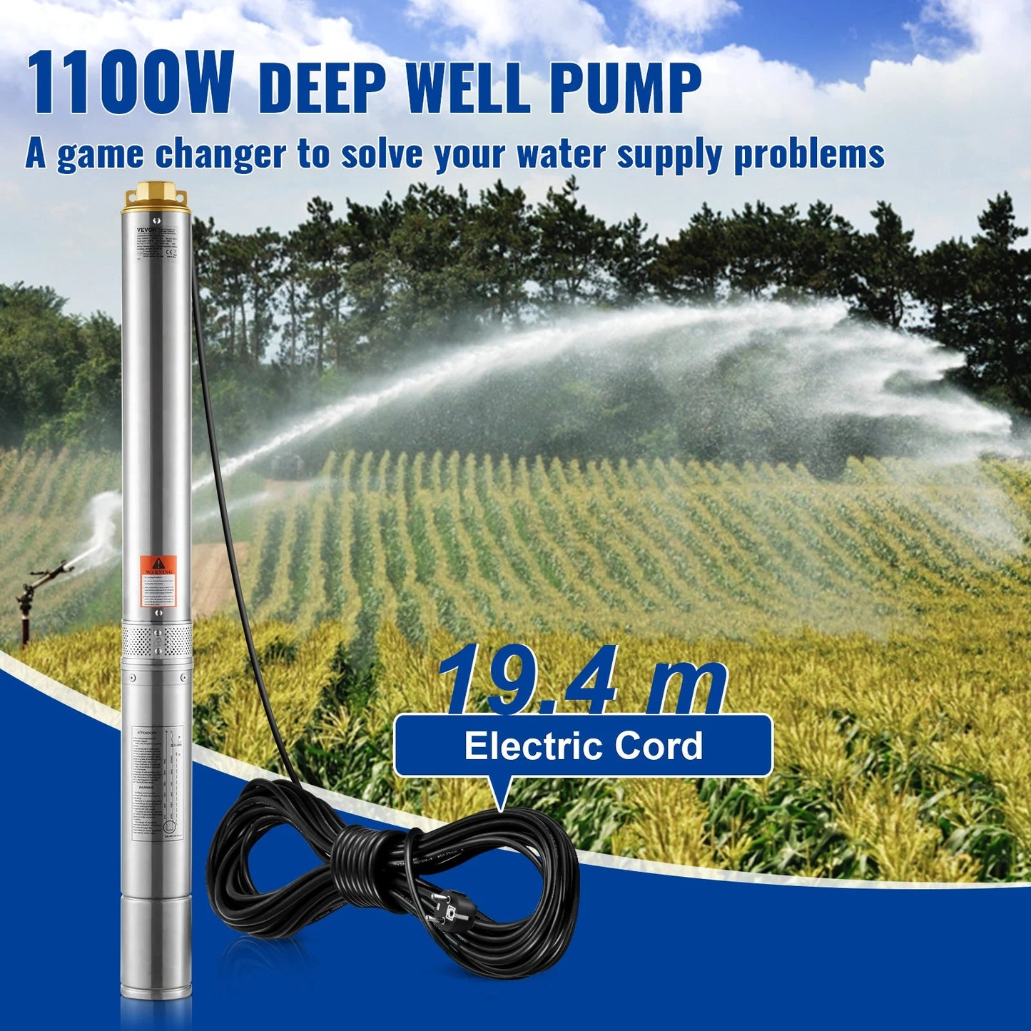 Diepe Put Dompelpomp - Bronpomp - Waterpomp - Pijp Pomp - Dieptepomp - Pomp - 1100W - 230V - met 19,4 Meter Snoer -  IP68 Waterdicht – Voor Tuin, Watervoorziening en Industriële Irrigatie