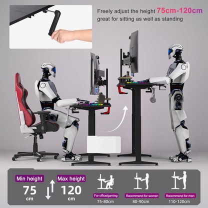 Groot laptopcomputerbureau - Gaming en Thuiskantoor - In Hoogte Verstelbaar - met Houder - 160CM - Rechthoekig Staand Bureau - Ergonomische Kantoorlifttafel - Zwart - QUORE