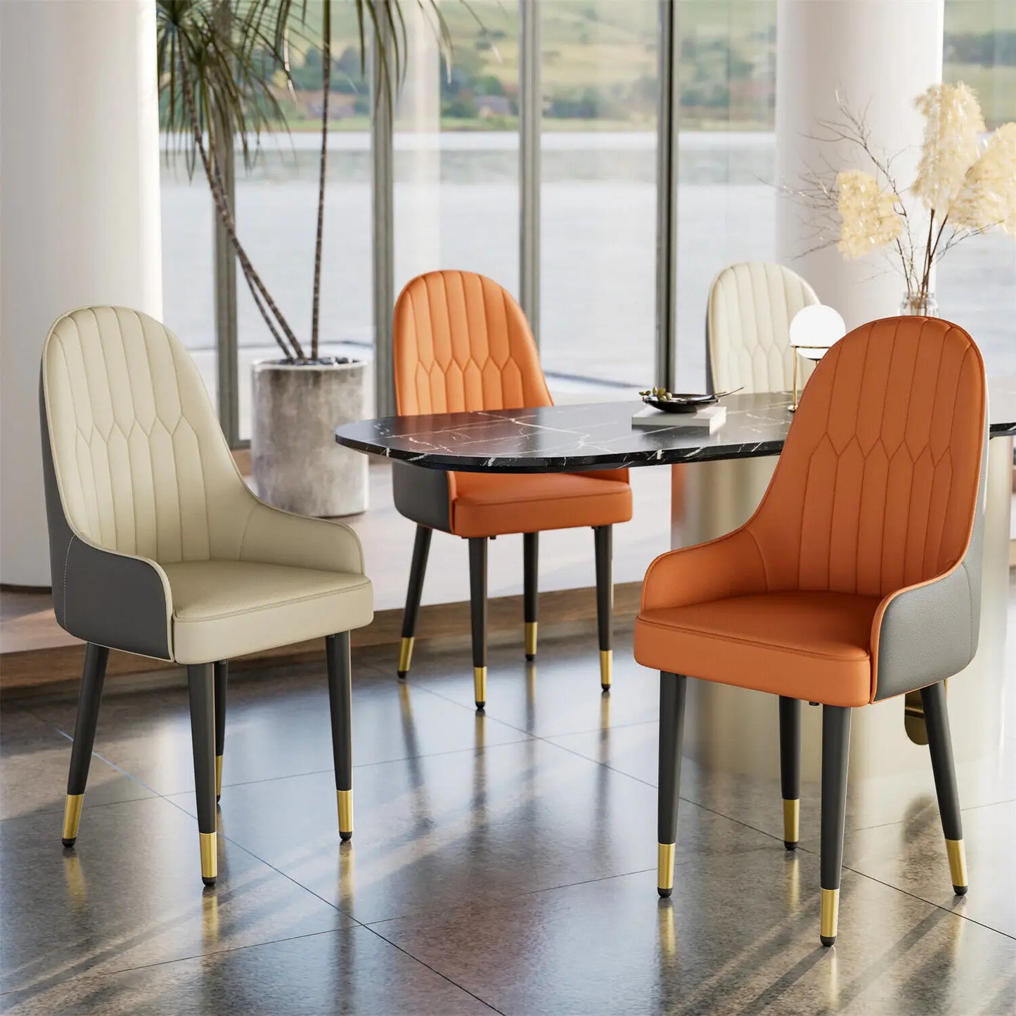 Set van 2 Eetkamerstoelen - Faux Lederen - Hoge Rugleuning - Moderne - Mid-century Ontwerp - Houten Poten - 52x49x90cm - Oranje