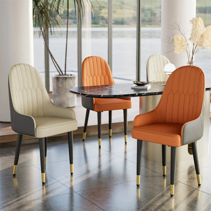 Set van 2 Eetkamerstoelen - Faux Lederen - Hoge Rugleuning - Moderne - Mid-century Ontwerp - Houten Poten - 52x49x90cm - Oranje