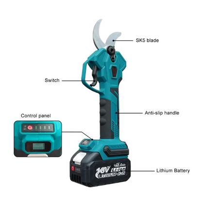 Elektrische Snoeischaar - Snoerloze Takkenschaar - Tuinschaar - Draadloze - Borstelloze Motor - met Draagtas - 40mm Snijbreedte - Koolstofstalen Mes - 2 x 5.0Ah Batterij - Oplader - Blauwgroen