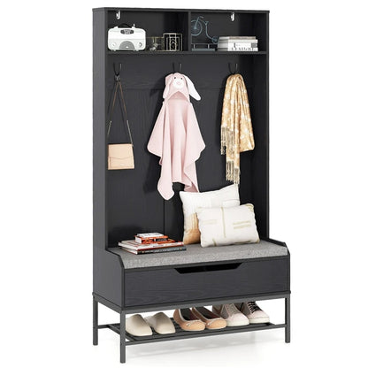 4-in-1 Kapstok met Zitbank – Garderoberek met Open Vakken - Schoenenkast en 3 Haken – Halgarderobe met Zitkussen – 90 x 38,5 x 170 cm