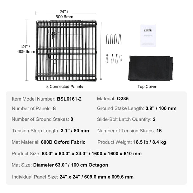 Dog Run - Dog Playpen - Puppy Run - Dog Crate - Foldable - Metal Dog Run - with Floor Cushion Cover - Puppy Outdoor Camping Yard Kennel - With Lid