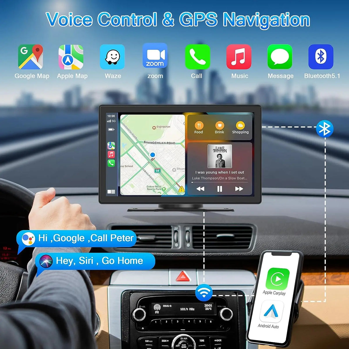 Navigatiesysteem Auto - 9 Inch - Touchscreen - Apple Carplay & Android Auto (Draadloos) - Carplay Scherm - Autoradio - Inclusief Achteruitrijcamera - QUORE
