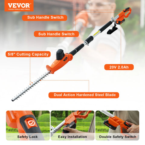Vevor - Hedge Trimmer - Cordless Hedge Trimmer - 20V - 18 inch double-edged steel blade - 74”-94” extendable design for high branches - Orange
