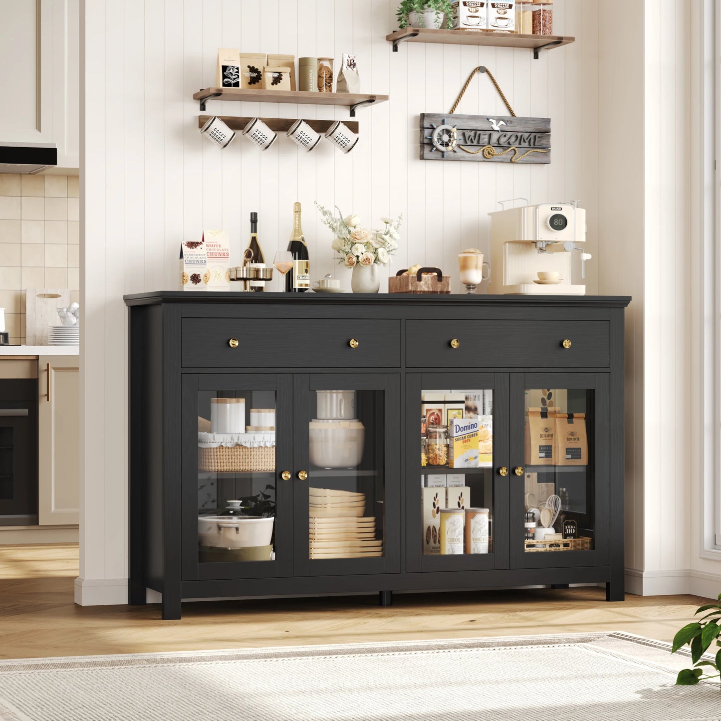 Sideboard – Dressoir – Buffetkast – Opbergkast – Keukenkast – Zwart – 140x90,7x40 cm – Verstelbare Planken – Glazen Deuren