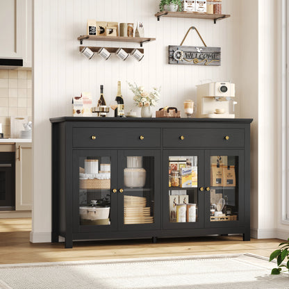 Sideboard – Dressoir – Buffetkast – Opbergkast – Keukenkast – Zwart – 140x90,7x40 cm – Verstelbare Planken – Glazen Deuren