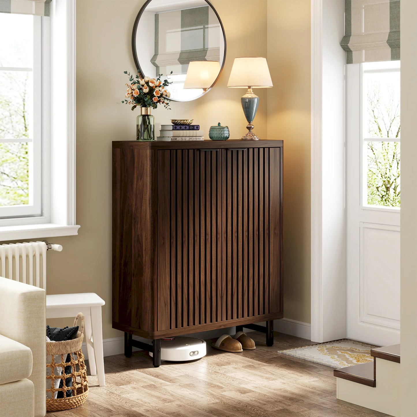 Schoenenkast – Houten Schoenenkast – Schoenen Opberger – Schoenenrek – Ventilerende Lamellendeuren – Verstelbare Planken – MDF Metalen Poten - 85 x 35 x 110 cm -  Donkere Walnoot - QUORE