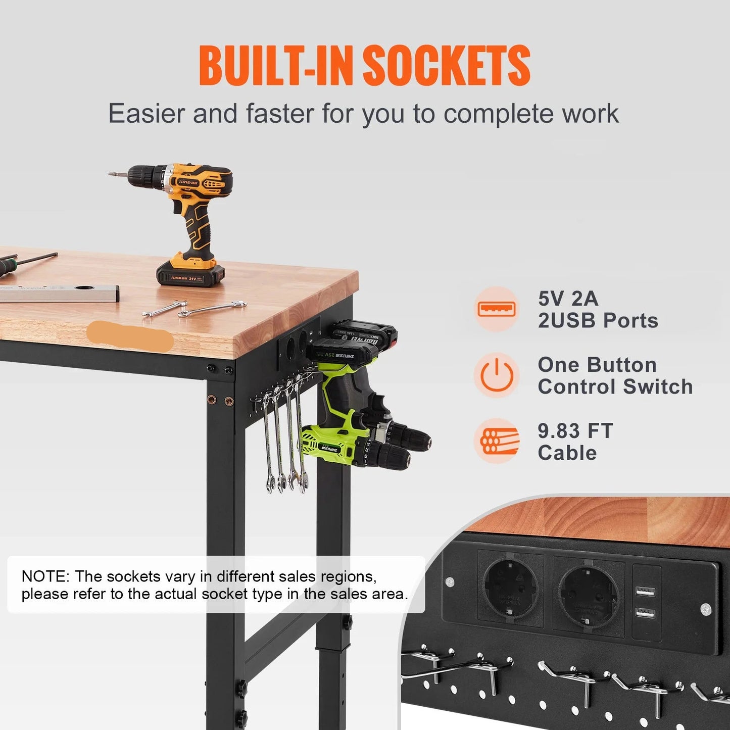 Verstelbare Werkbank - Werktafel - Industriële Werkbank - Garage Werkbank - met Wielen - 48x24inch - 2000lbs - Hoogte Verstelbaar - Houten Werktafel - Met Stopcontacten & Opberghaakjes – Mobiele Werktafel - voor Garage - Werkplaats
