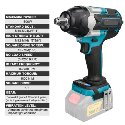 Slagmoersleutel – Slagschroevendraaier - Accu Slagmoersleutel - Brushless - 1800N.M - 1/2 inch – Zonder Accu – Draadloos