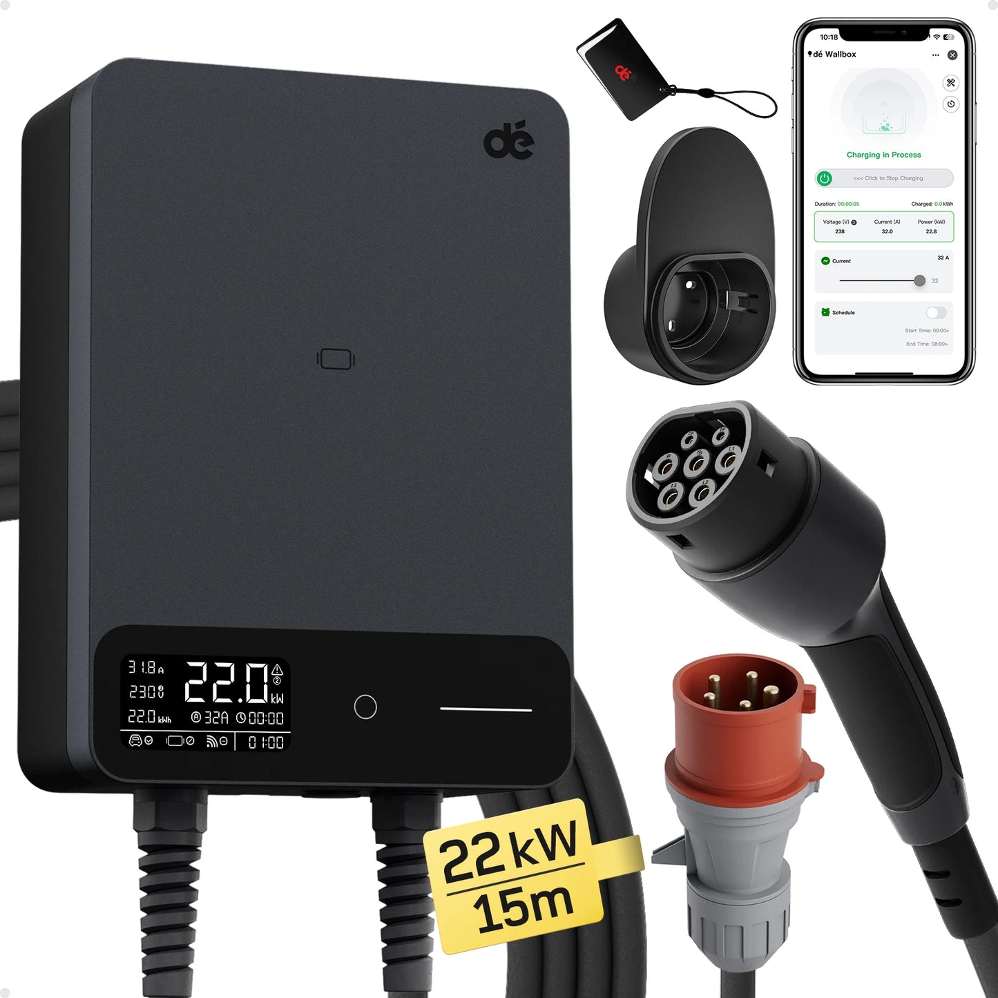 Draagbare Ev-Lader – Mobiele Laadpaal – Elektrische Auto Oplader – Type 2 Laadkabel – 22 KW 15 Meter Kabel – Krachtig 3-Fase Laden – Waterdicht IP66