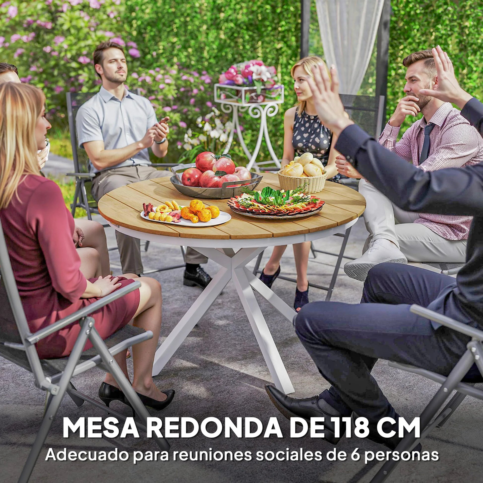 Ronde Tuinset Tafel – Buitentafel – Balkon Tafel – Tuinmeubel – Aluminium Tafel – Teak Kleurig Blad – Verstelbare Poot - QUORE