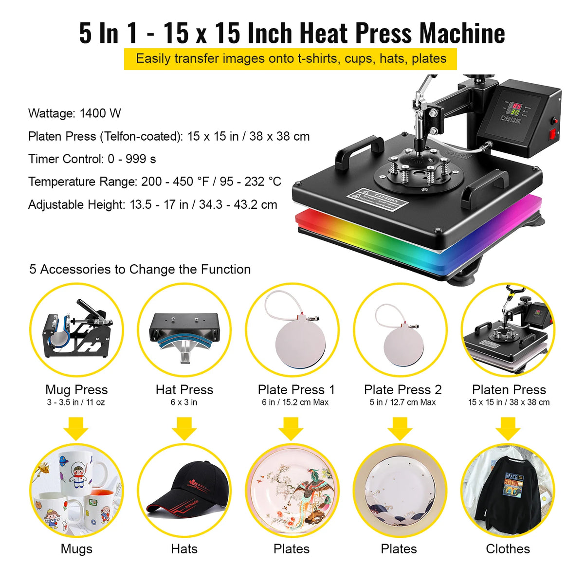 Heat Press - Transferpers - Sublimatieprinter - Heat Press Machine - 5 in 1 - 15x15 Inch - Multifunctionele Sublimatie - voor Mok/Latte Mok/Hoed/Plaat/fles
