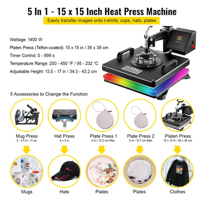 Heat Press - Transferpers - Sublimatieprinter - Heat Press Machine - 5 in 1 - 15x15 Inch - Multifunctionele Sublimatie - voor Mok/Latte Mok/Hoed/Plaat/fles