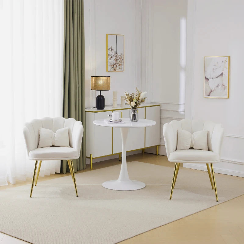 Eetkamerstoelen – Set van 2 - Velours Stoel – Lounge Stoel – Fluwelen Fauteuil – Design Fauteuil – Bloembladdesign – Ergonomisch Zitcomfort – Vergulde Metalen Poten - Wit