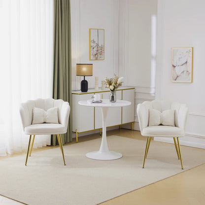 Eetkamerstoelen – Set van 2 - Velours Stoel – Lounge Stoel – Fluwelen Fauteuil – Design Fauteuil – Bloembladdesign – Ergonomisch Zitcomfort – Vergulde Metalen Poten - Wit