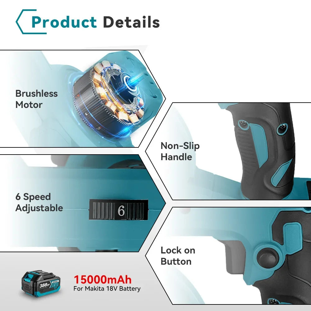 Bladblazer - Accu - 1000W Brushless Motor - 6 Snelheden - 15.000 RPM - 18V - Lichtgewicht en draagbaar - Voor Bladeren - Sneeuw en Stof - Zondar Accu