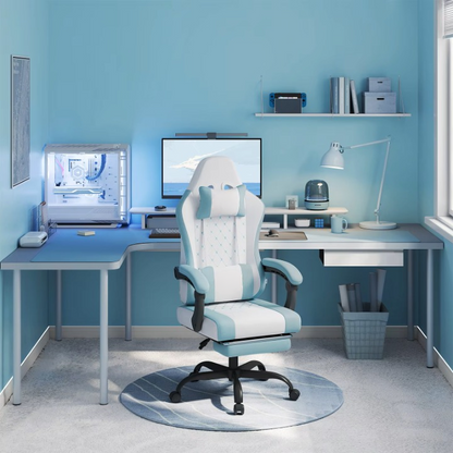 Gaming Stoel - Massage Gaming Stoel - Bureaustoel - Swivel Stoel - met Voetsteun - Hoofdsteun - Verstelbare - Rugleuning - Lendenkussen - Ergonomische - Draaibare - 70 x 70 x 127 cm - Wit & Blauw